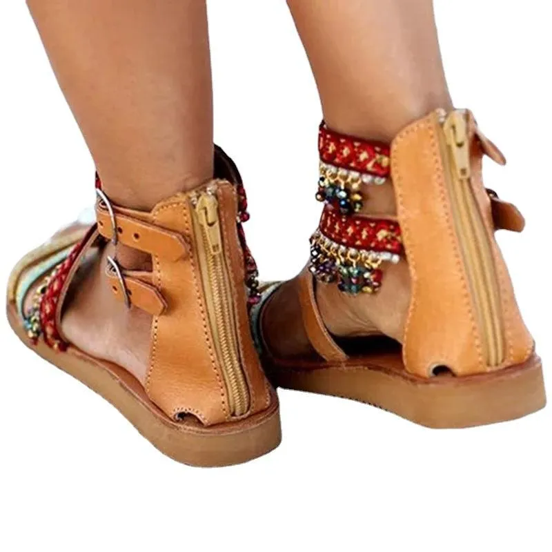 Women boho peep toe ankle strap flat summer beach sandals