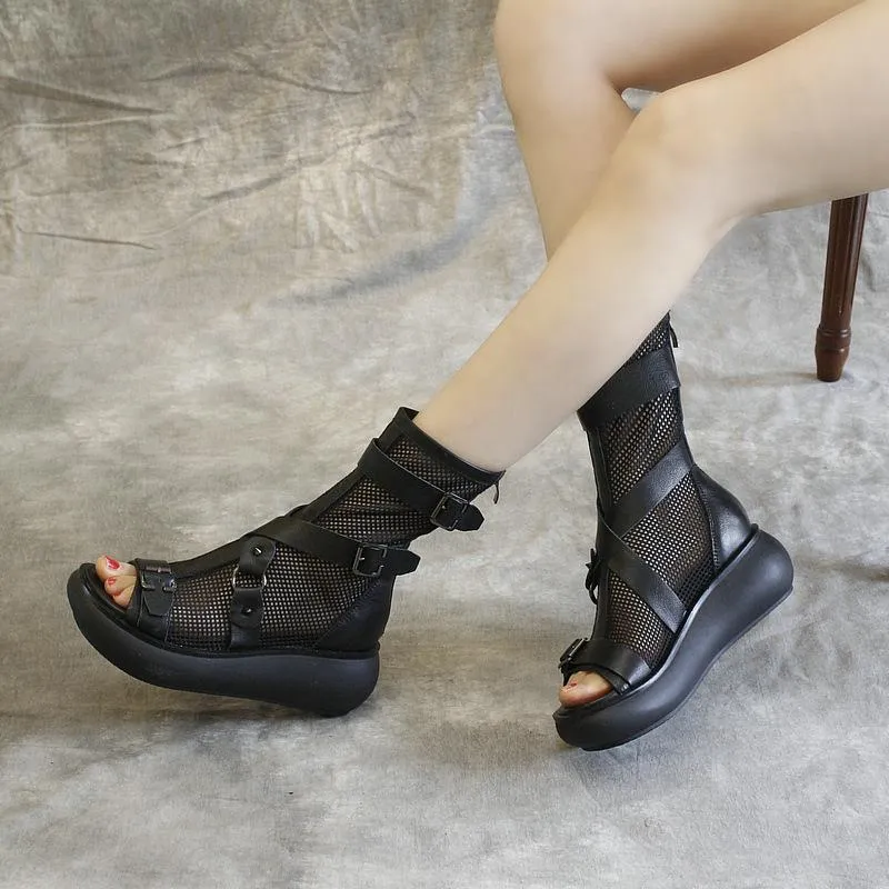 Women punk buckle criss cross strap peep toe platform sandals