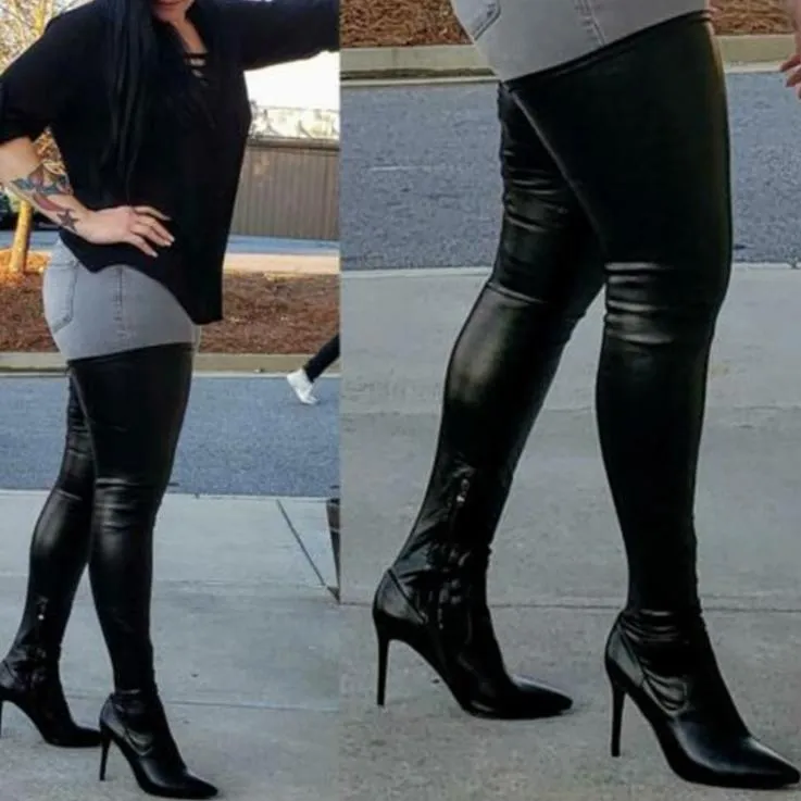 Women sexy pointed toe stiletto heel elastic side zipper over the knee boots