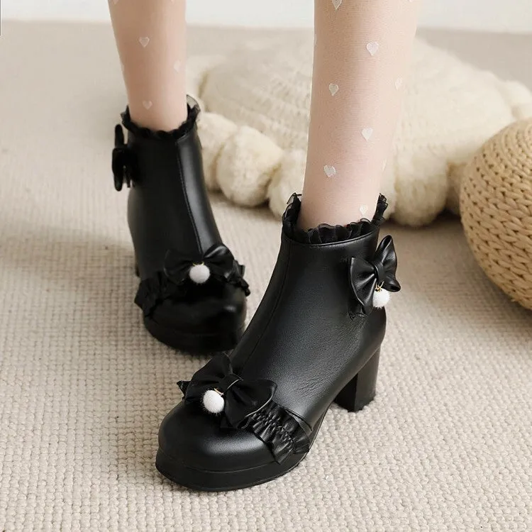 Women's Booties Lolita Lace Bows Block Chunky Heel Platform Short Boots