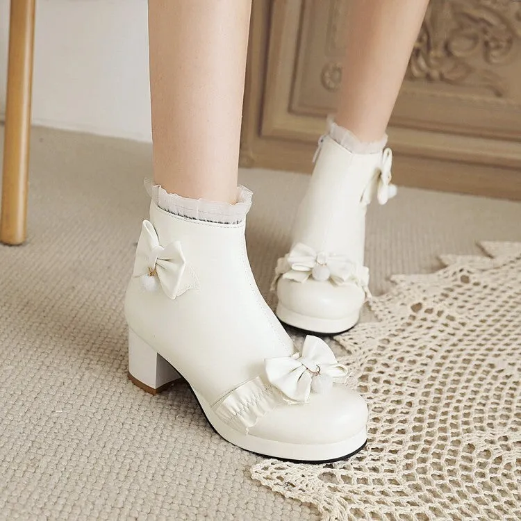 Women's Booties Lolita Lace Bows Block Chunky Heel Platform Short Boots