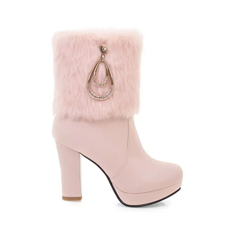 Women's Booties Round Toe Fold Fur Block Chunky Heel Platform Short Boots