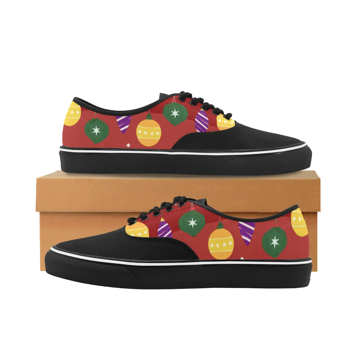 Women's Christmas Lights Print Canvas Low Top Shoes (Black)