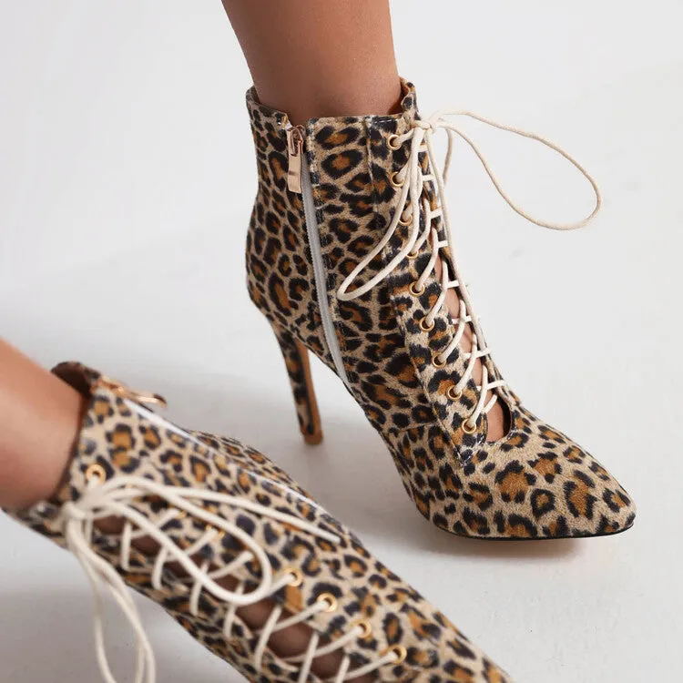 Women's Cow Leopard Print Pointed Toe Lace-Up Stiletto Heel Ankle Boots