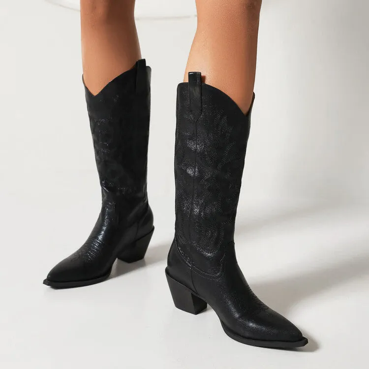 Women's Cowboy Pointed Toe Beveled Heel Embroidery Mid Calf Western Boots