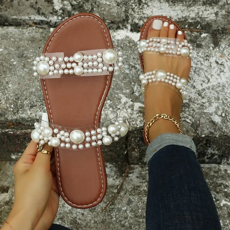 Women's cute pearls sandals 2 straps flat slides beach sandals