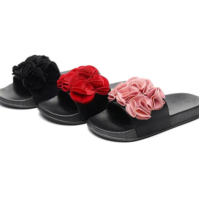 Women's flower decor slides peep toe flat sandals