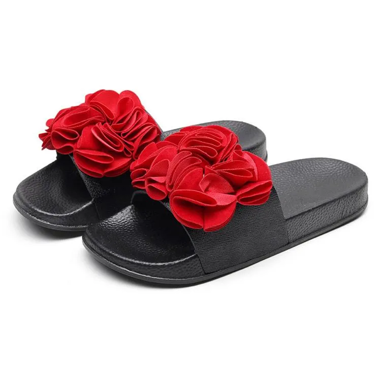 Women's flower decor slides peep toe flat sandals