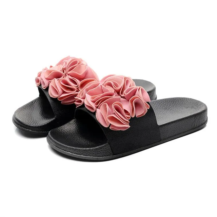 Women's flower decor slides peep toe flat sandals