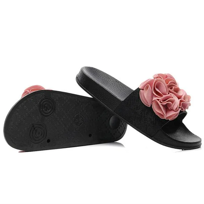 Women's flower decor slides peep toe flat sandals