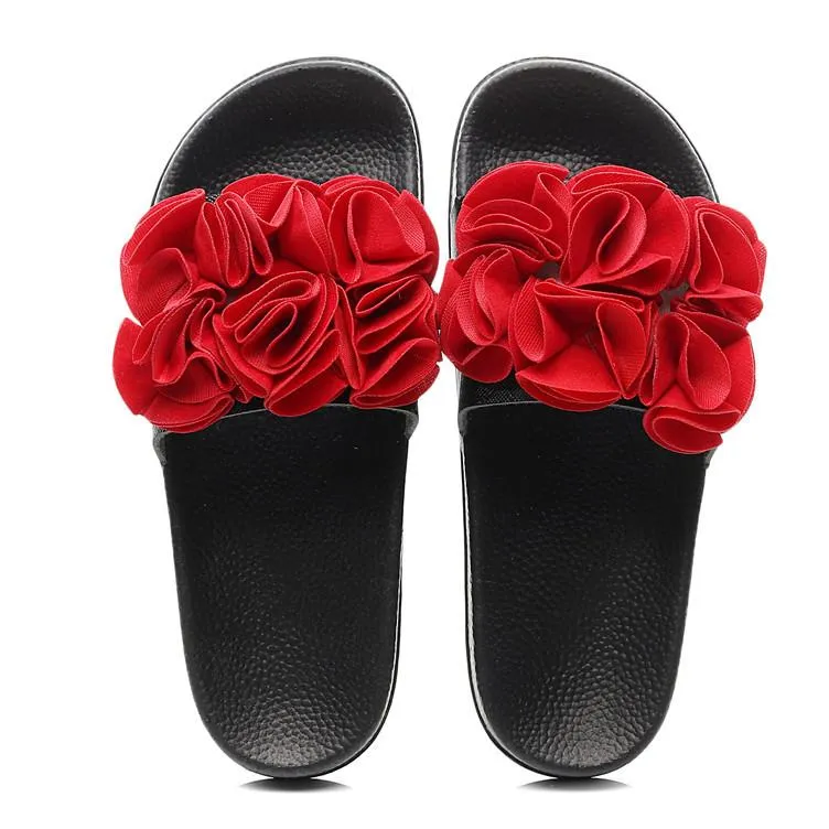 Women's flower decor slides peep toe flat sandals