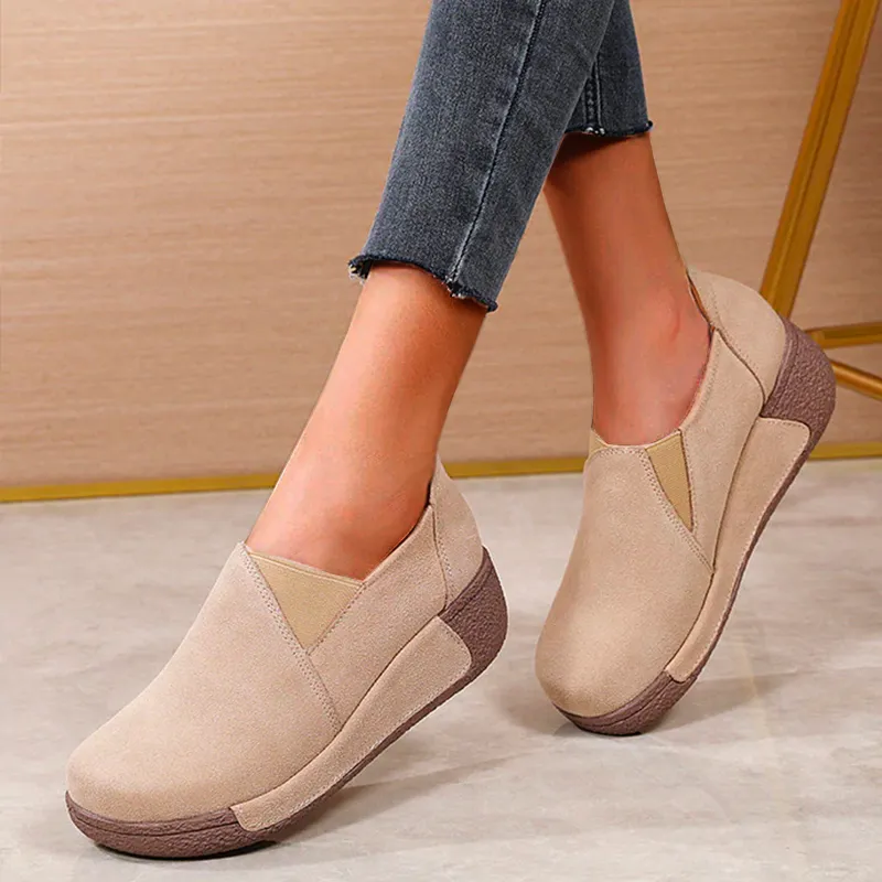 Women's Leather Platform Slip on Loafers Comfort Moccasins Low Top Casual Shoes