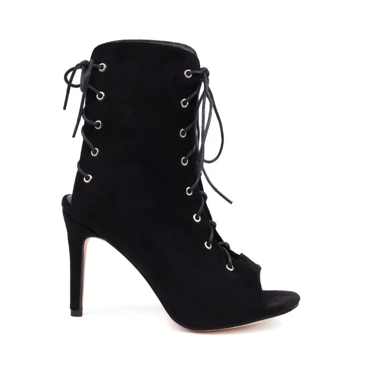 Women's Peep Toe Crossed Tied Lace-Up Stiletto Heel Ankle Boots