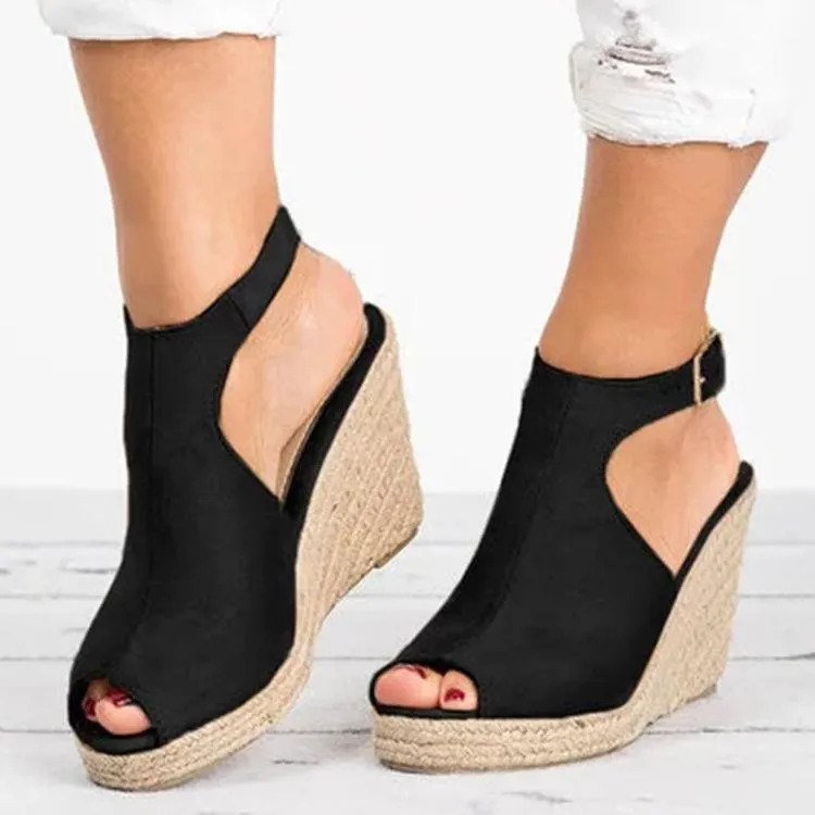 Women's peep toe espadrille platform wedge ankle strap buckle sandals