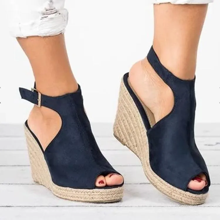 Women's peep toe espadrille platform wedge ankle strap buckle sandals