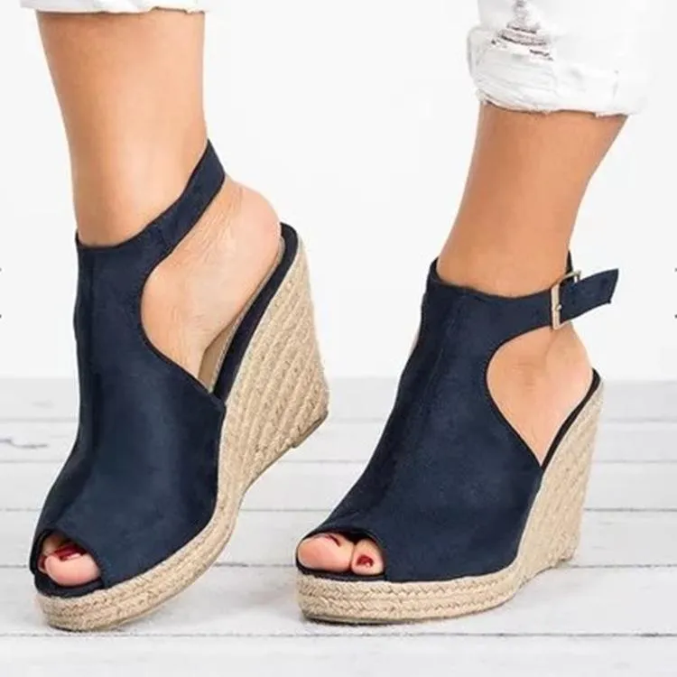 Women's peep toe espadrille platform wedge ankle strap buckle sandals