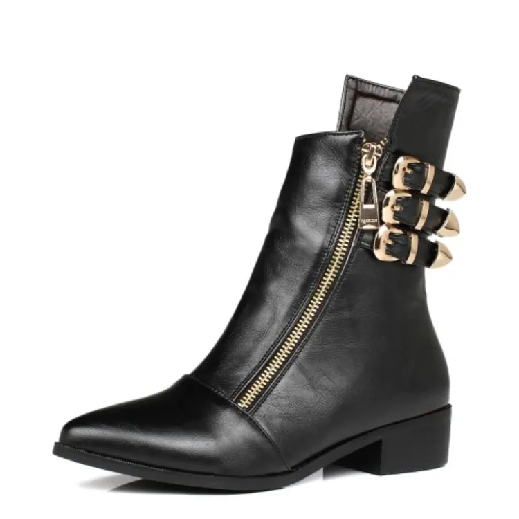 Women's Pointed Toe Buckle Belt Low Heels Short Boots