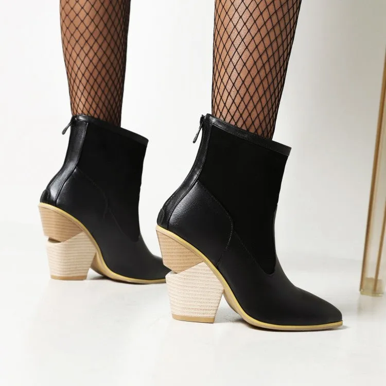 Women's Pointed Toe Patchwork Block Heel Back Zippers Short Boots