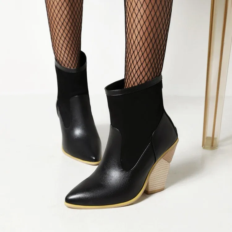 Women's Pointed Toe Patchwork Block Heel Back Zippers Short Boots