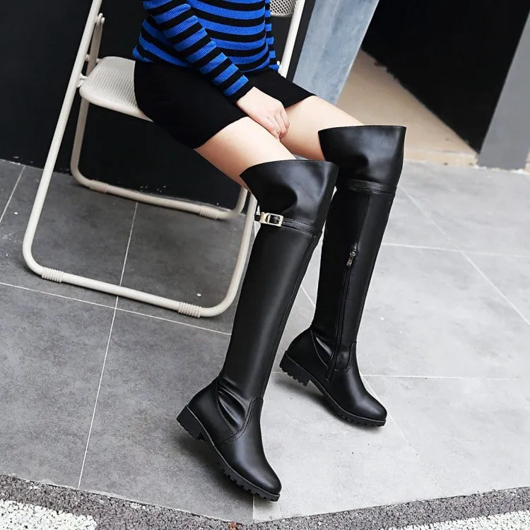 Women's Pu Leather Belts Buckles Side Zippers Low Heel Knee High Boots