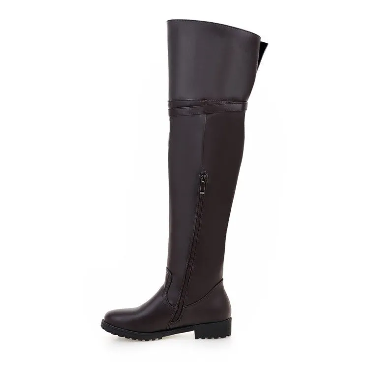 Women's Pu Leather Belts Buckles Side Zippers Low Heel Knee High Boots