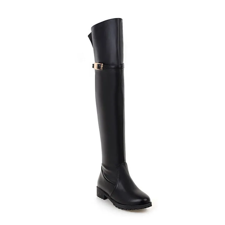 Women's Pu Leather Belts Buckles Side Zippers Low Heel Knee High Boots