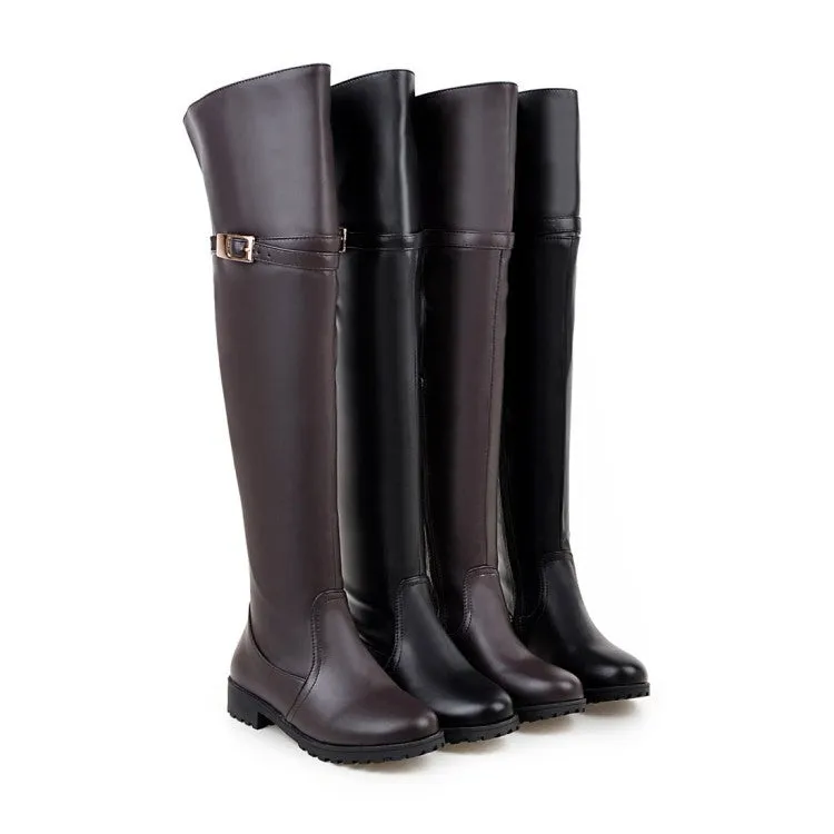 Women's Pu Leather Belts Buckles Side Zippers Low Heel Knee High Boots