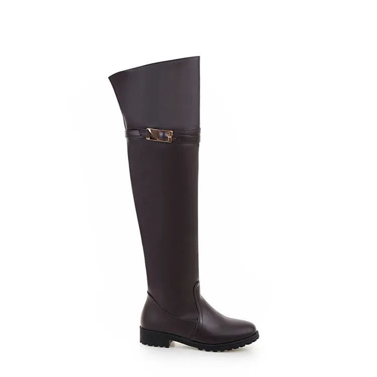 Women's Pu Leather Belts Buckles Side Zippers Low Heel Knee High Boots