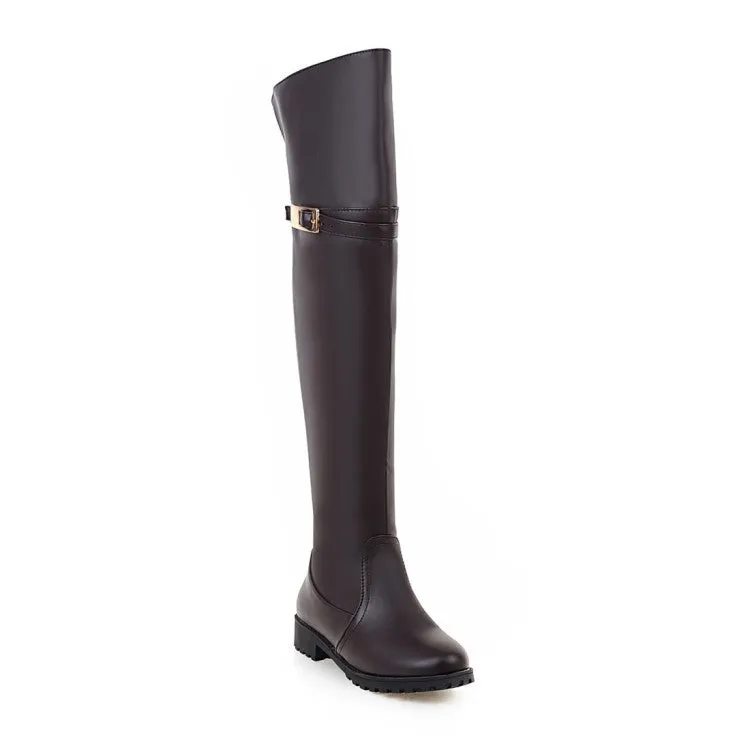 Women's Pu Leather Belts Buckles Side Zippers Low Heel Knee High Boots