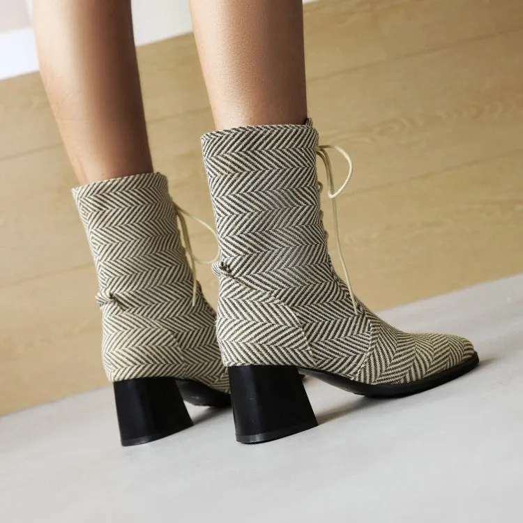 Women's Pu Leather Pointed Toe Lace Up Chunky Heel Short Boots