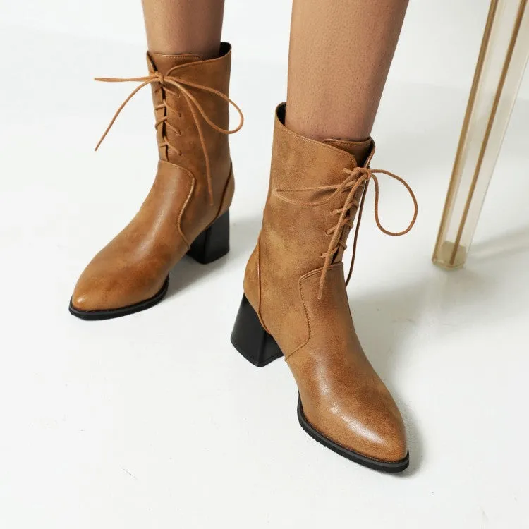 Women's Pu Leather Pointed Toe Lace Up Chunky Heel Short Boots