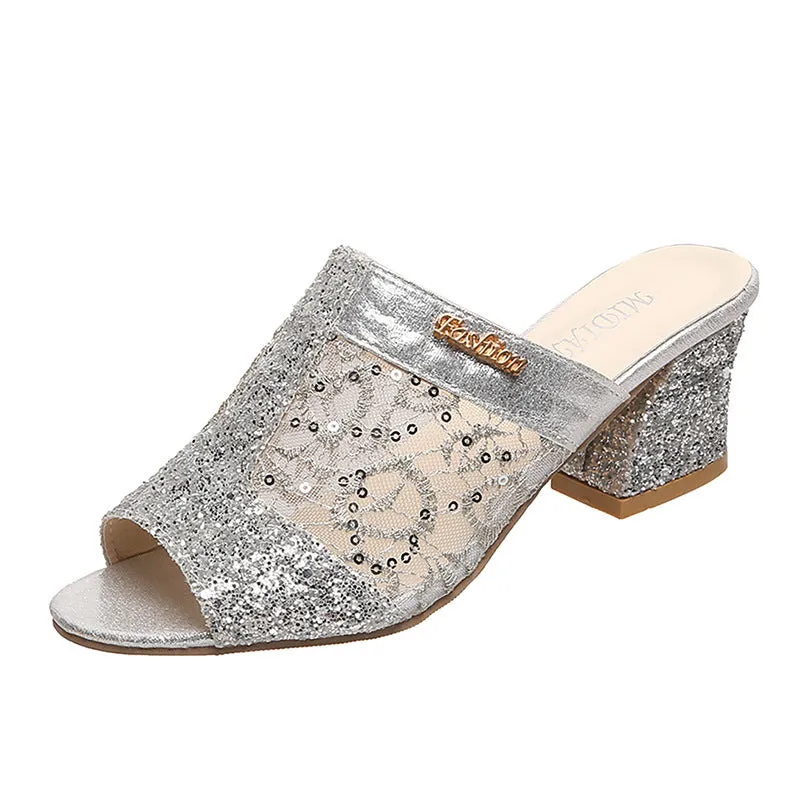 Women's rhinestone block heels slides Peep toe mules Gold silver glitter sandals