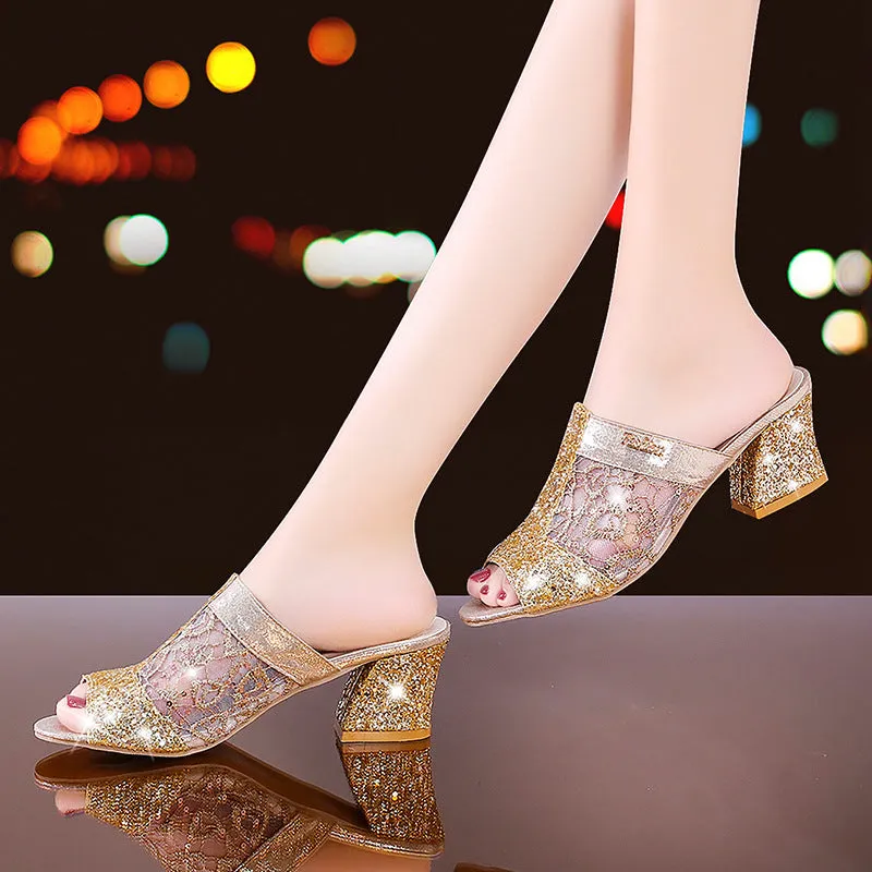 Women's rhinestone block heels slides Peep toe mules Gold silver glitter sandals