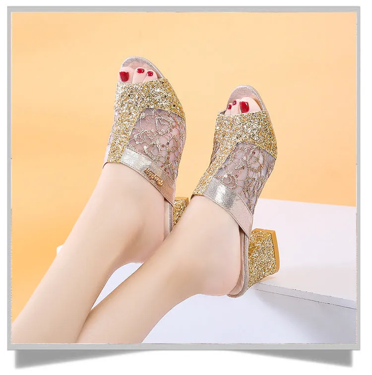 Women's rhinestone block heels slides Peep toe mules Gold silver glitter sandals