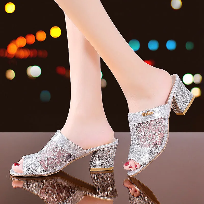 Women's rhinestone block heels slides Peep toe mules Gold silver glitter sandals