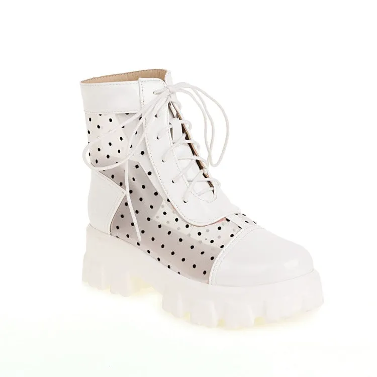 Women's Round Toe Clear Lace-Up Block Chunky Heel Platform Short Boots