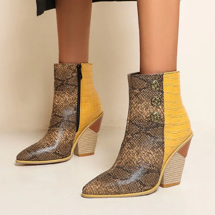 Women's Snake Crocodile Pattern Patchwork Buttons Block Heel Short Boots