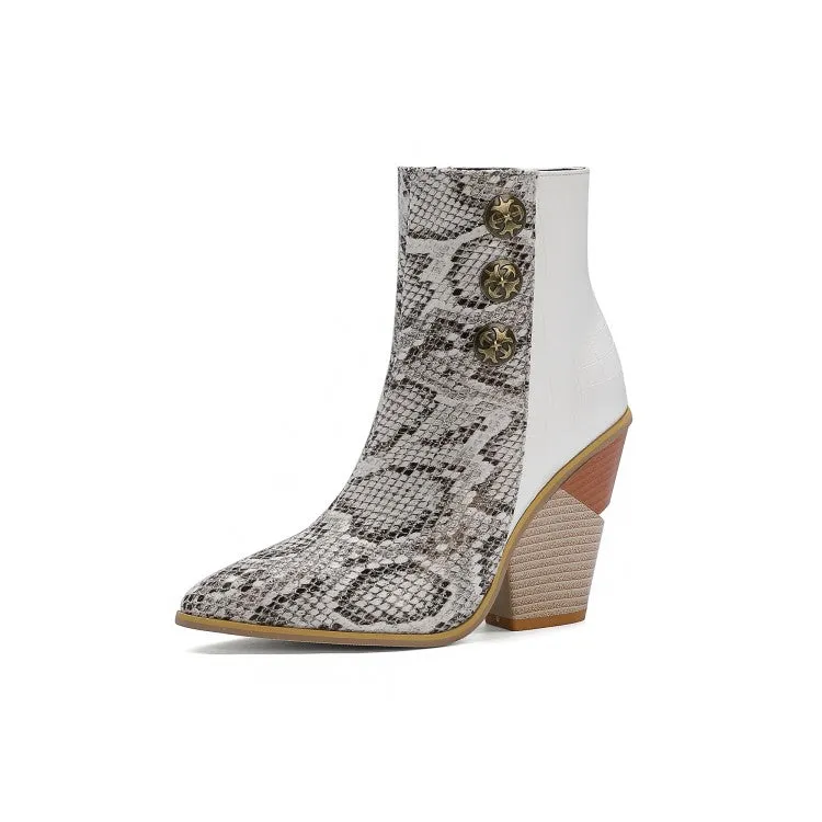 Women's Snake Crocodile Pattern Patchwork Buttons Block Heel Short Boots