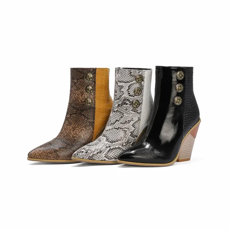 Women's Snake Crocodile Pattern Patchwork Buttons Block Heel Short Boots