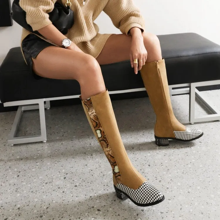 Women's Snake Printed Patchwork Side Zippers Puppy Heel Knee High Boots