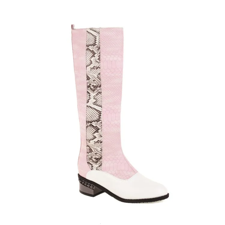 Women's Snake Printed Patchwork Side Zippers Puppy Heel Knee High Boots