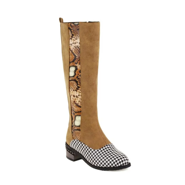 Women's Snake Printed Patchwork Side Zippers Puppy Heel Knee High Boots