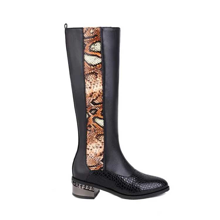 Women's Snake Printed Patchwork Side Zippers Puppy Heel Knee High Boots