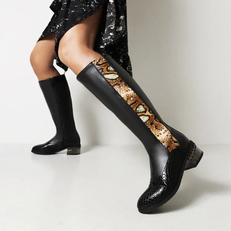 Women's Snake Printed Patchwork Side Zippers Puppy Heel Knee High Boots