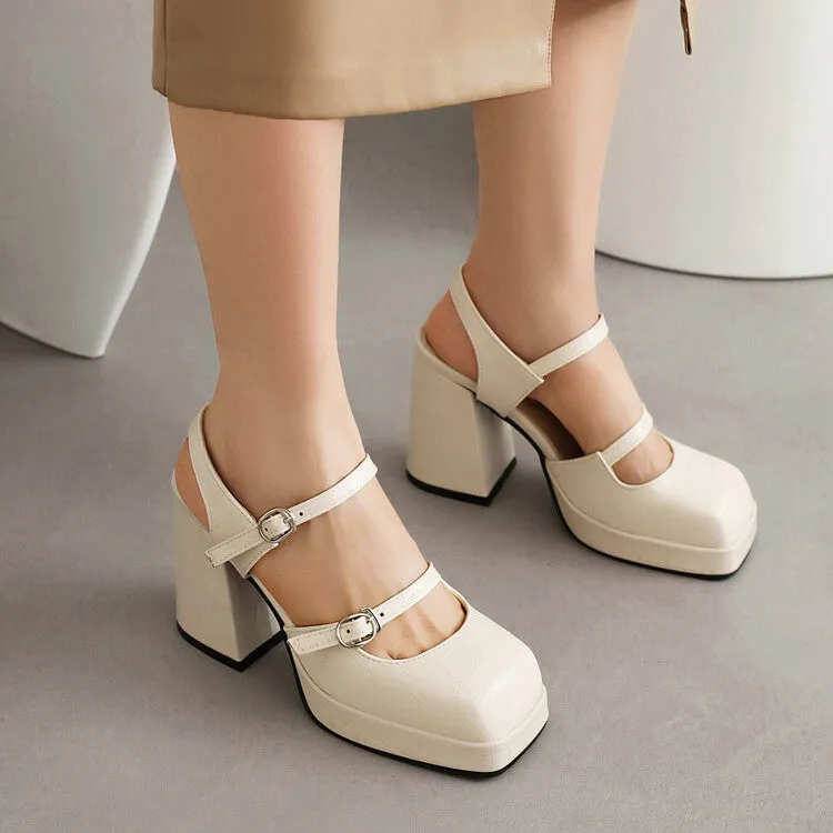 Women's Stone Pattern Shallow Mary Janes Block Chunky Heel Platform Sandals