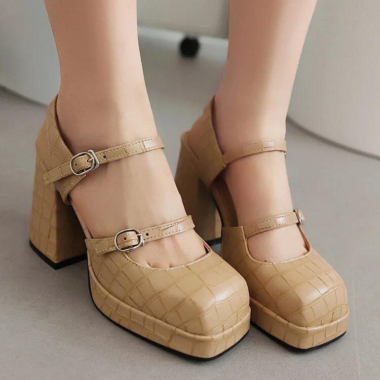 Women's Stone Pattern Shallow Mary Janes Block Chunky Heel Platform Sandals