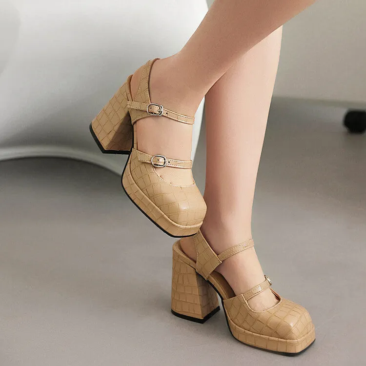 Women's Stone Pattern Shallow Mary Janes Block Chunky Heel Platform Sandals