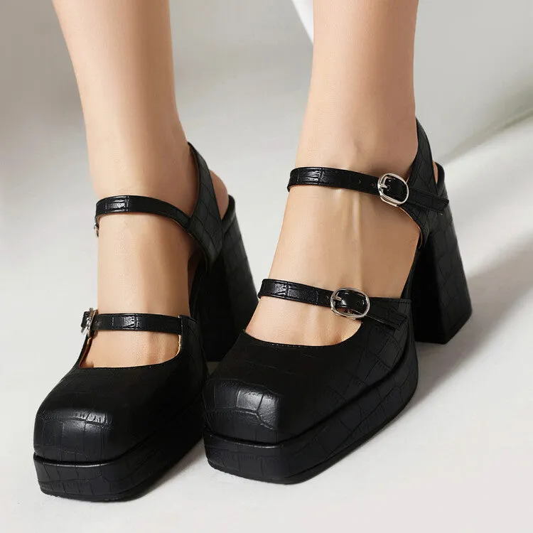 Women's Stone Pattern Shallow Mary Janes Block Chunky Heel Platform Sandals