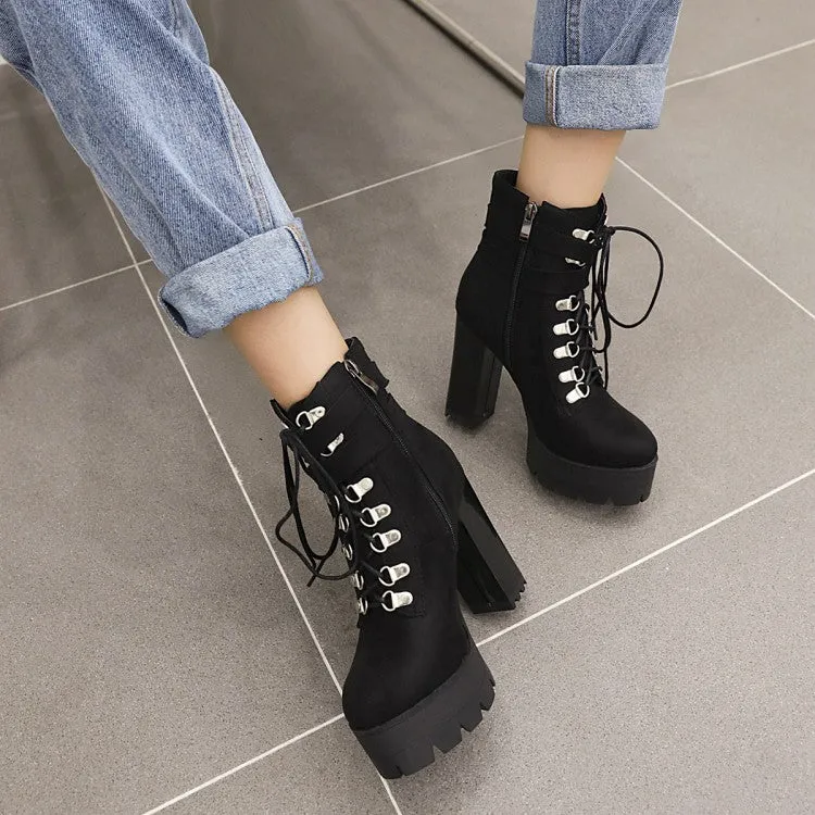 Women's Suede Round Toe Tied Belts Side Zippers Buckles Chunky Heel Platform Short Boots