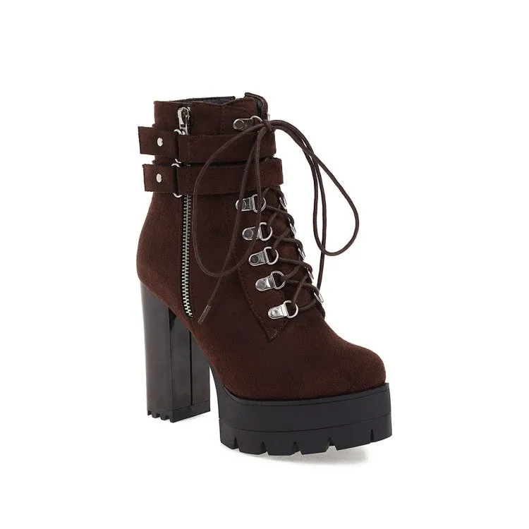 Women's Suede Round Toe Tied Belts Side Zippers Buckles Chunky Heel Platform Short Boots